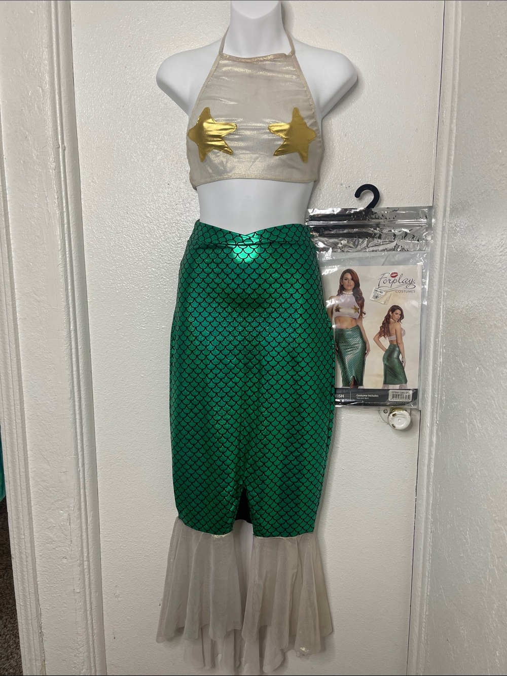 FORPLAY- Metallic Green Mermaid Maxi Skirt w/ Tulle Hem & pasties mesh crop s/m
